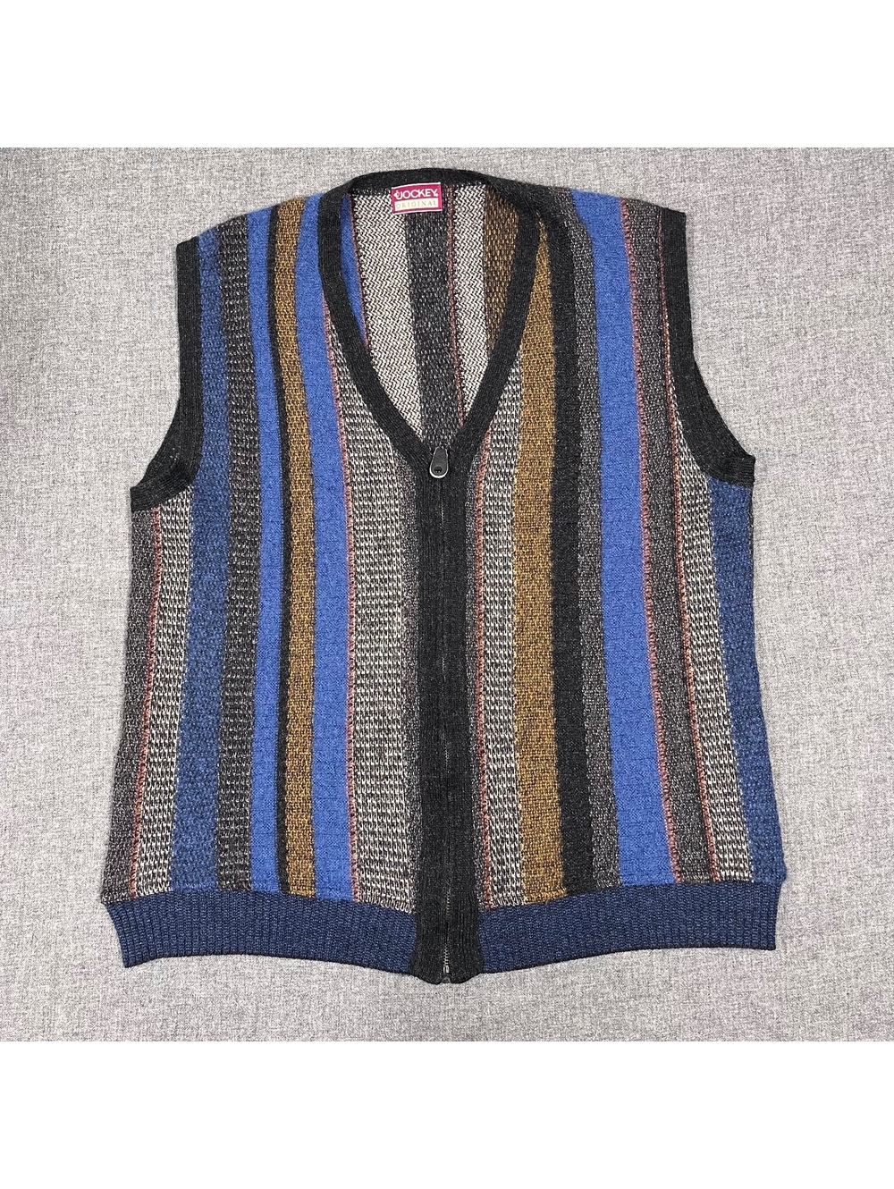 Vintage 80's Men's Striped Full Zip Knit Vest, Wool Blend, L